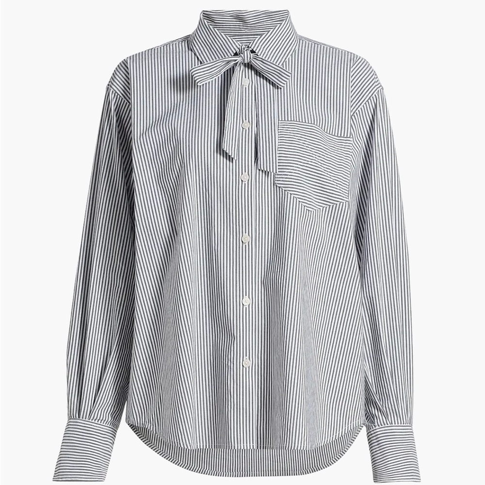 Derek Lam 10 Crosby Edeline Striped Tie Neck Shirt 6 NWT Blue Cotton Blouse Top